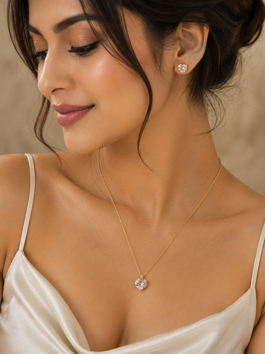 Gold Plated Heart Crystal Necklace & Earrings Set for Women