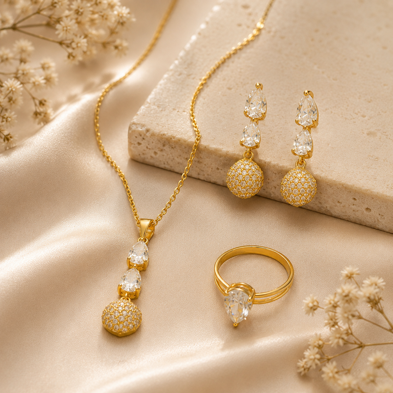 Luxury Gold Plated CZ Drop Pendant Necklace Set with Earrings & Adjustable Ring for Women | Anti-Tarnish Jewellery Set