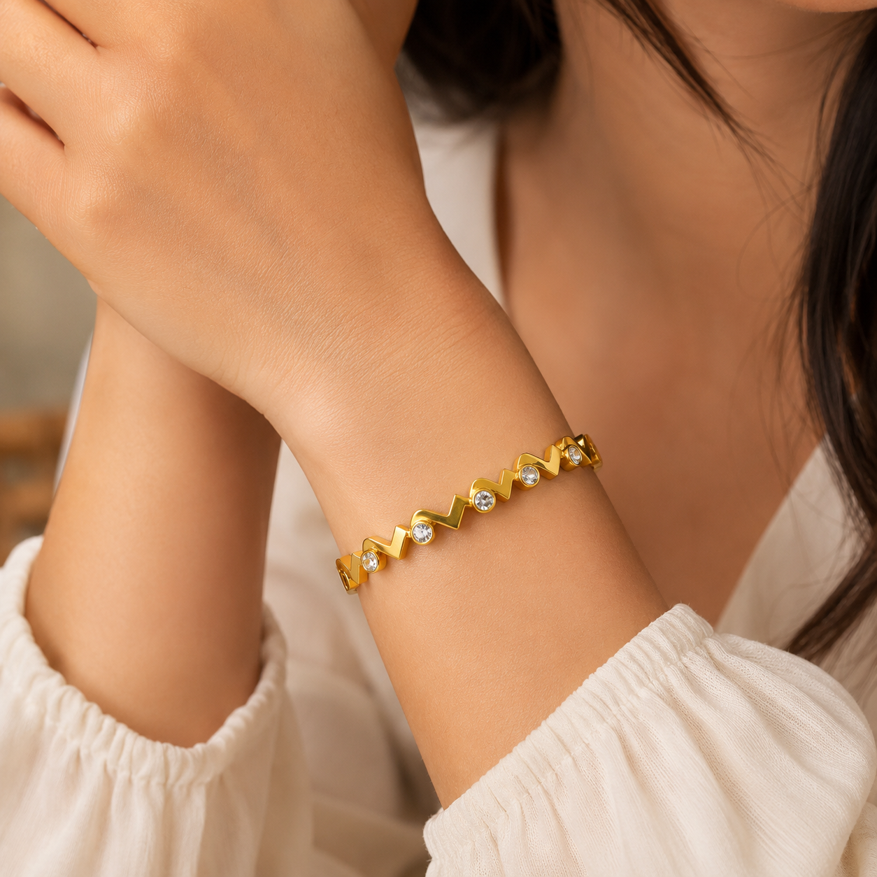 Gold Plated Zigzag Crystal Bangle Bracelet for Women | Modern Geometric Bracelet | Anti-Tarnish Stainless Steel Bangle