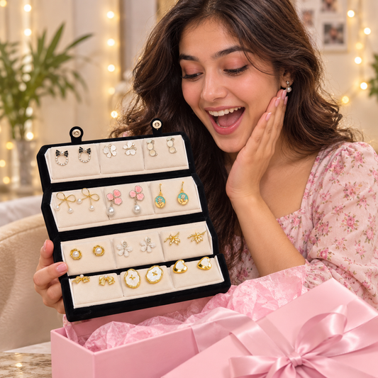 12 Pairs Korean Style Gold Plated Earrings Collection Box | Trendy Fashion Jewellery Gift Set