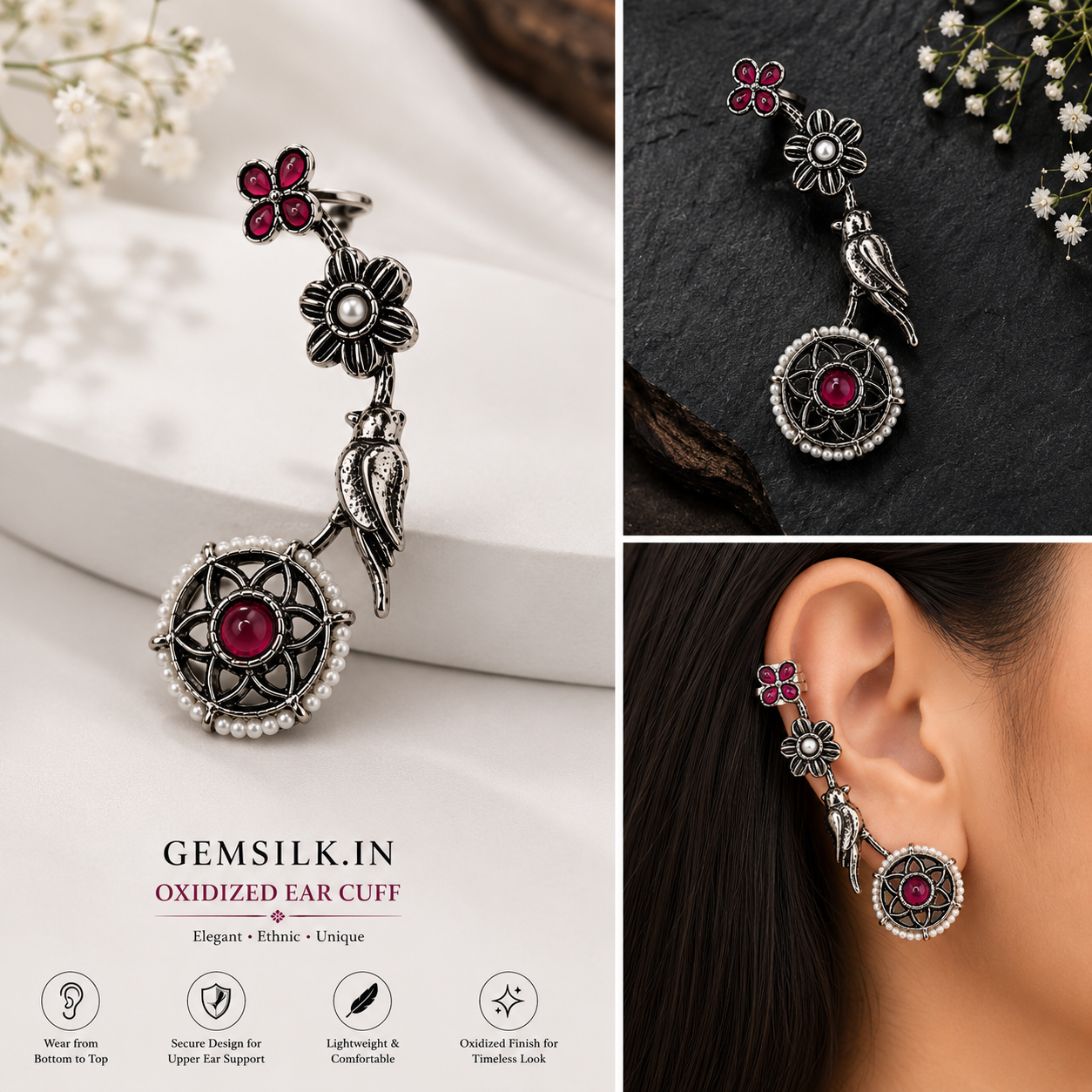Oxidised Bird and Floral Ear Climber Earrings for Women | GEMSILK