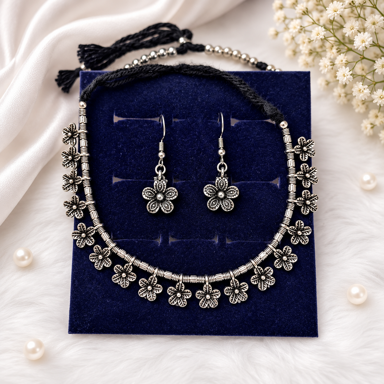 Oxidised Silver Floral Necklace Set for Women | GEMSILK
