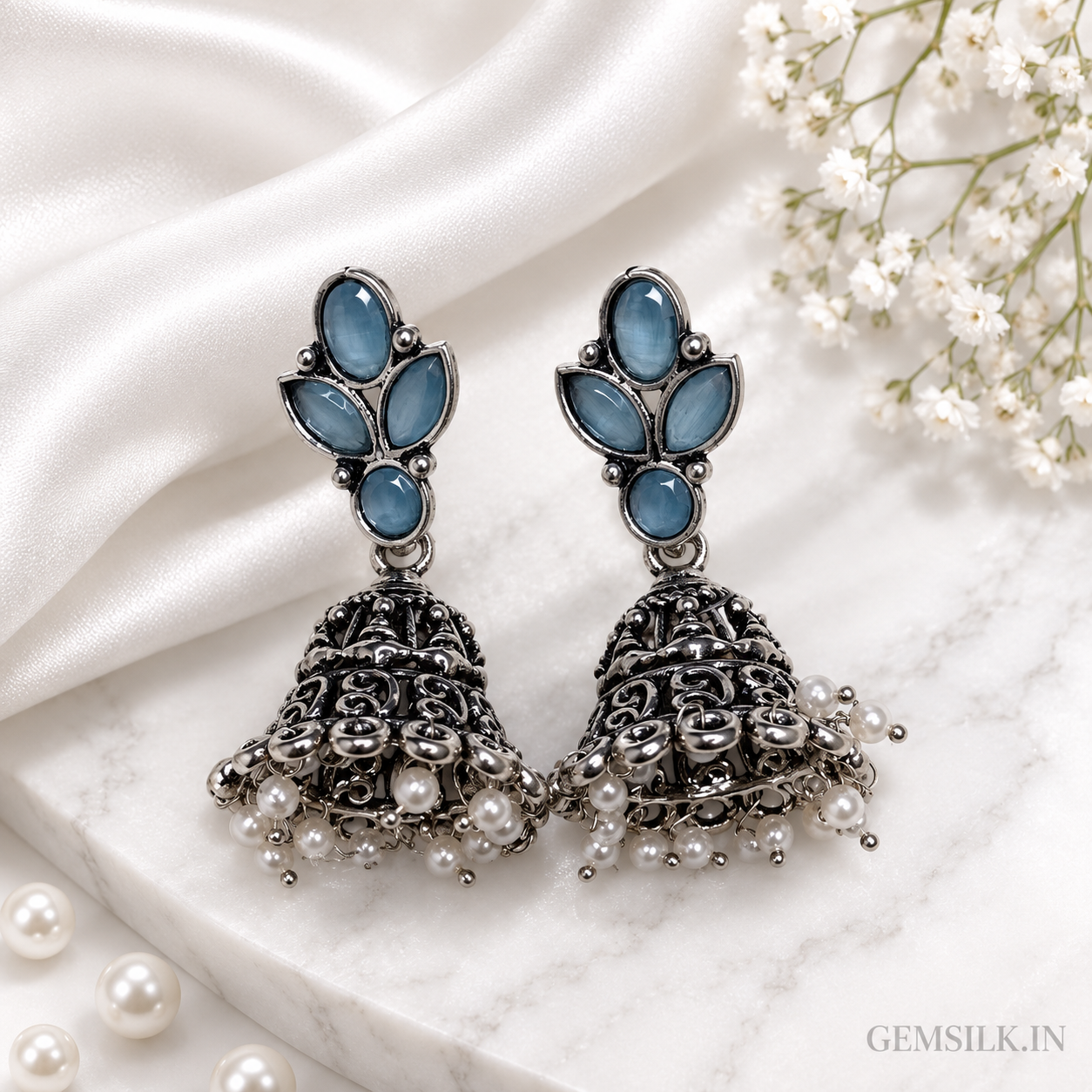 Oxidised Silver Jhumka Earrings with Pearls for Women | GEMSILK