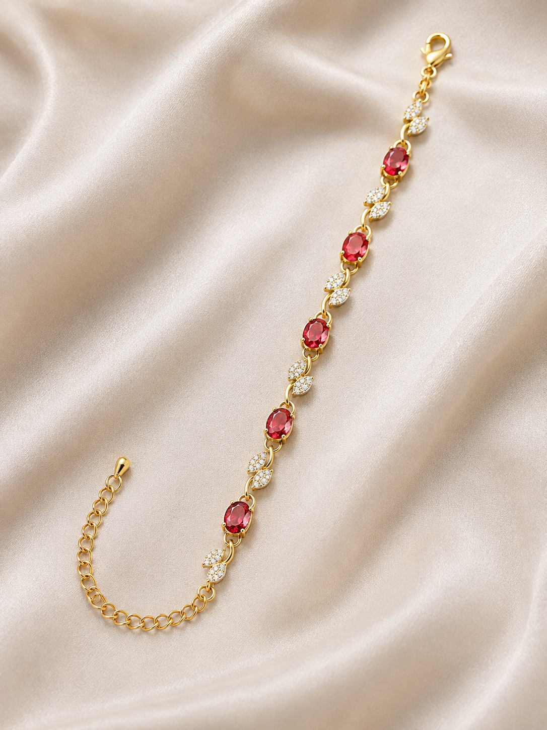 Gold Plated Red Stone Bracelet for Women | Floral Crystal Bracelet