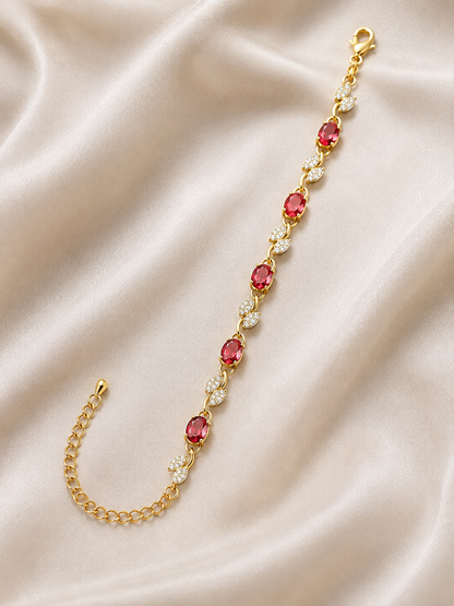 Gold Plated Red Stone Bracelet for Women | Floral Crystal Bracelet