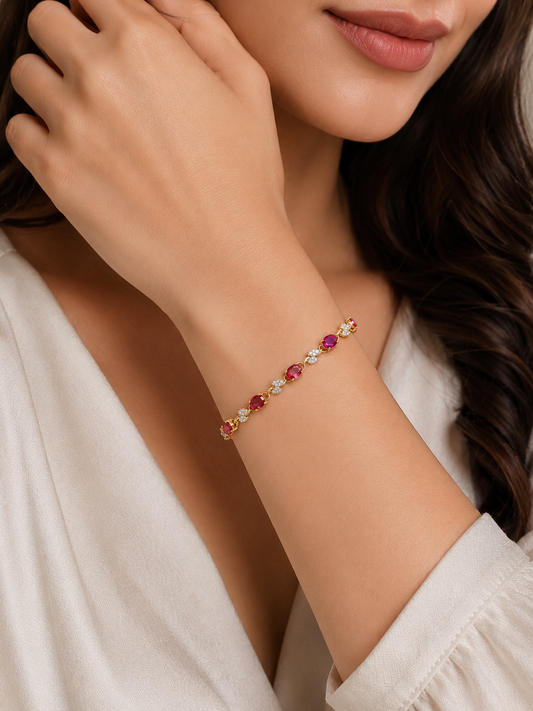 Gold Plated Red Stone Bracelet for Women | Floral Crystal Bracelet