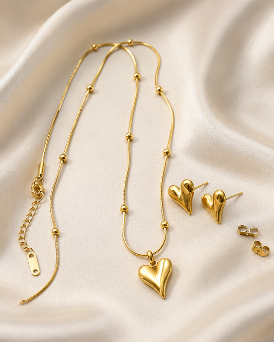 Gold Plated Heart Pendant Necklace & Earrings Set for Women