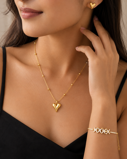Gold Plated Heart Pendant Necklace & Earrings Set for Women