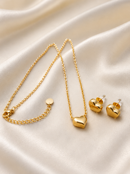 Gold Plated Heart Necklace & Stud Earrings Set for Women
