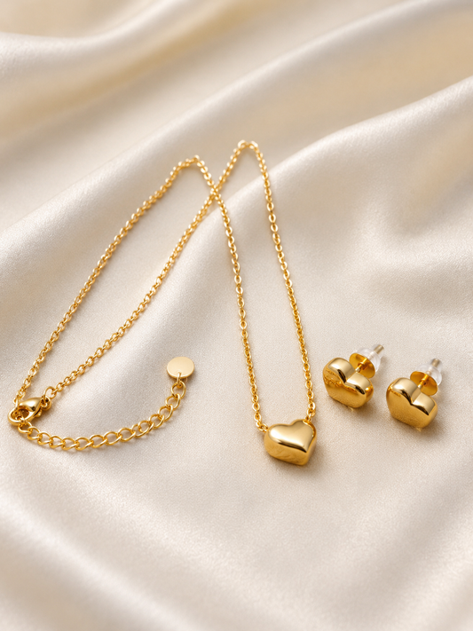 Gold Plated Heart Necklace & Stud Earrings Set for Women