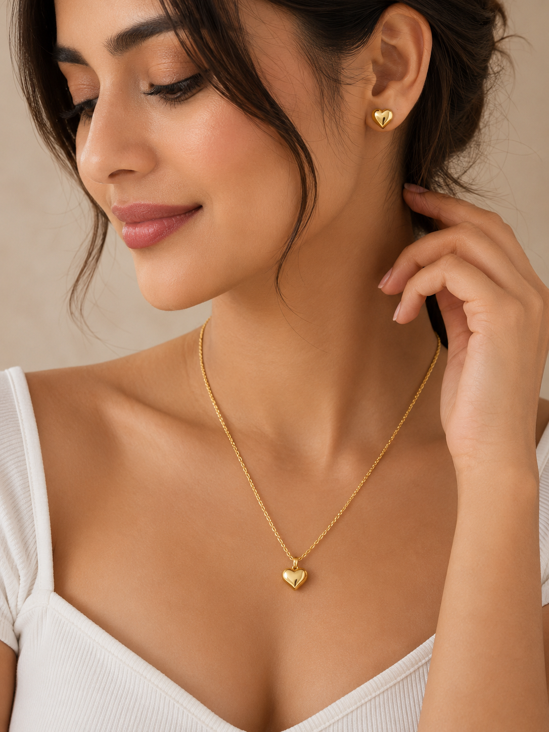 Gold Plated Heart Necklace & Stud Earrings Set for Women