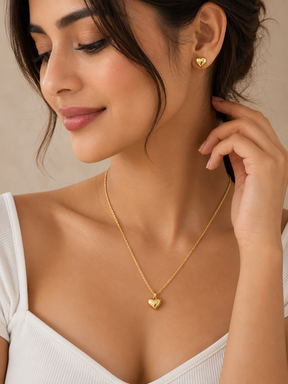 Gold Plated Heart Necklace & Stud Earrings Set for Women