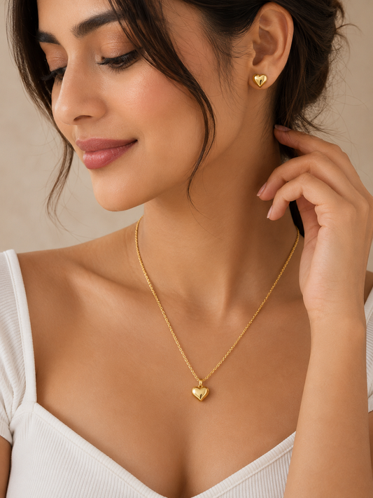 Gold Plated Heart Necklace & Stud Earrings Set for Women