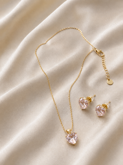 Gold Plated Heart Crystal Necklace & Earrings Set for Women