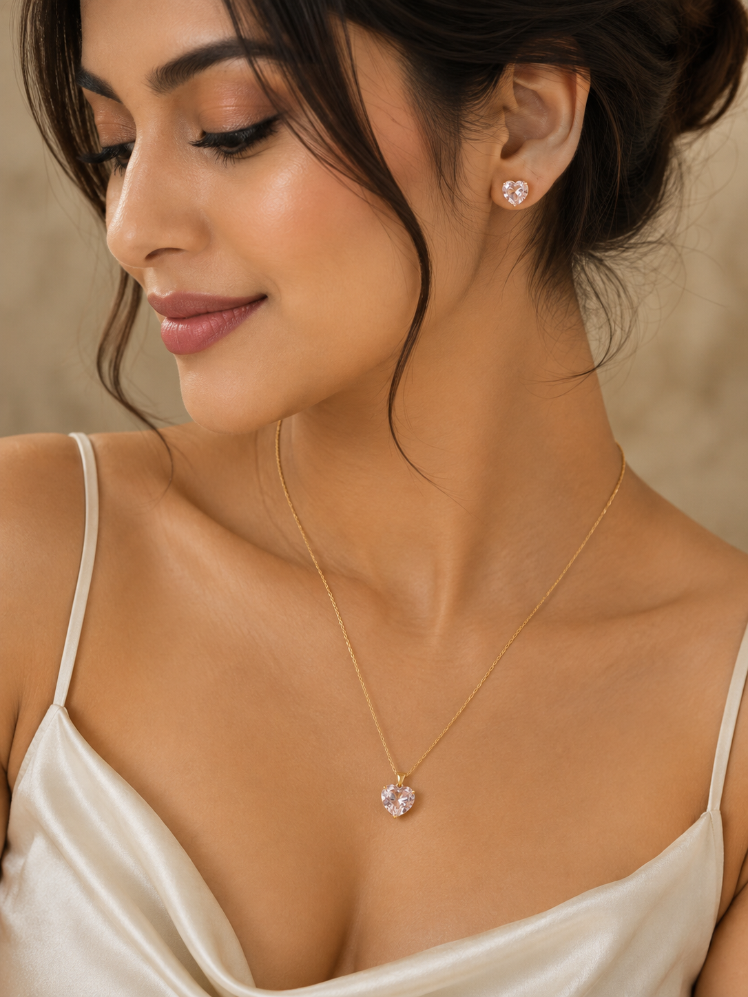 Gold Plated Heart Crystal Necklace & Earrings Set for Women