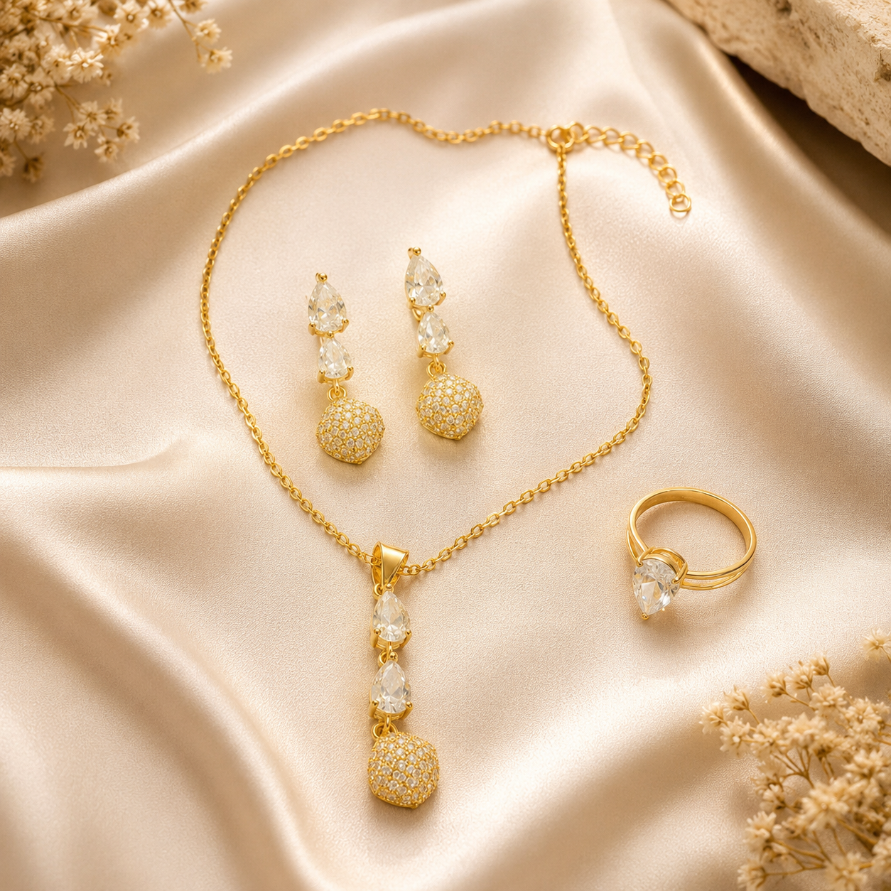 Luxury Gold Plated CZ Drop Pendant Necklace Set with Earrings & Adjustable Ring for Women | Anti-Tarnish Jewellery Set