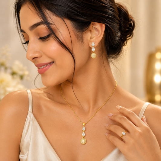 Luxury Gold Plated CZ Drop Pendant Necklace Set with Earrings & Adjustable Ring for Women | Anti-Tarnish Jewellery Set