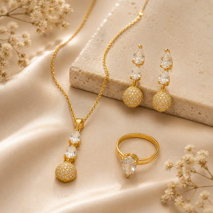 Luxury Gold Plated CZ Drop Pendant Necklace Set with Earrings & Adjustable Ring for Women | Anti-Tarnish Jewellery Set