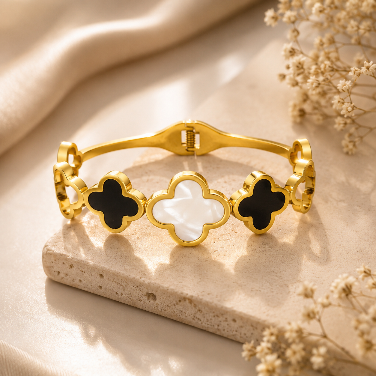 Luxury Gold Plated Clover Bracelet for Women | Black & White Mother of Pearl Inspired | Anti-Tarnish Adjustable Bracelet