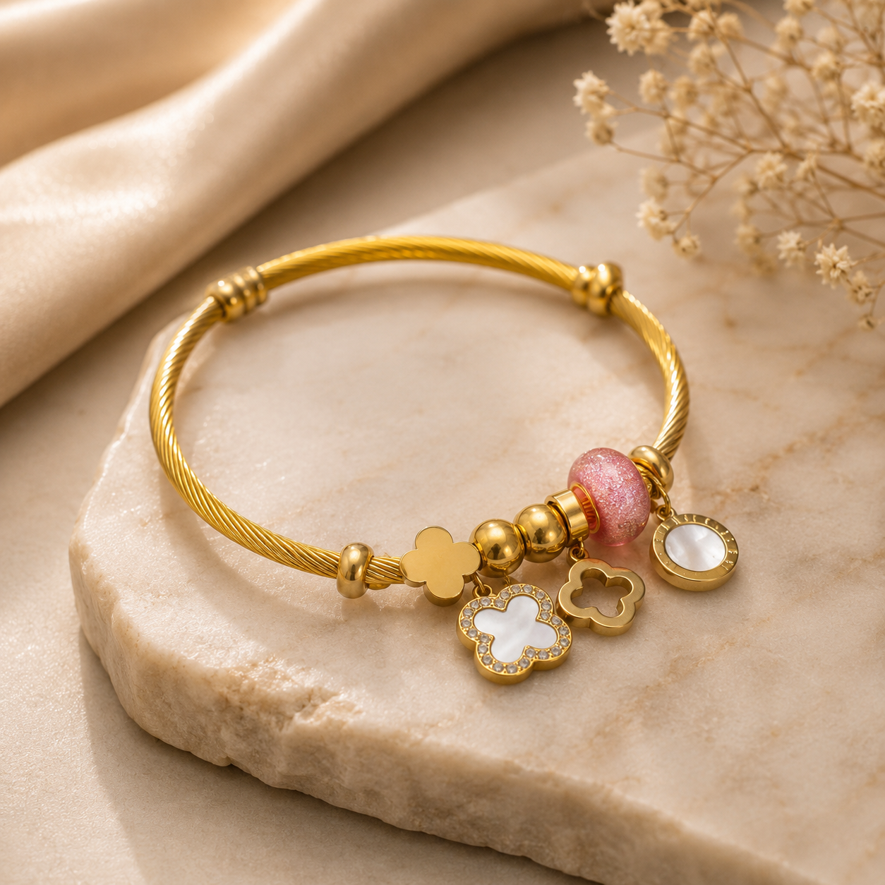 Luxury Gold Plated Charm Bracelet for Women | Clover Charm Bracelet with Pink Crystal Bead | Anti-Tarnish Adjustable Bracelet