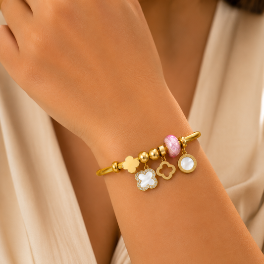 Luxury Gold Plated Charm Bracelet for Women | Clover Charm Bracelet with Pink Crystal Bead | Anti-Tarnish Adjustable Bracelet
