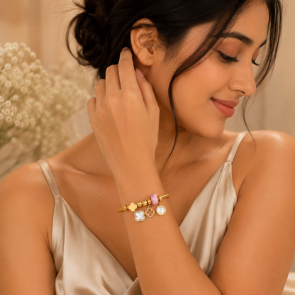 Luxury Gold Plated Charm Bracelet for Women | Clover Charm Bracelet with Pink Crystal Bead | Anti-Tarnish Adjustable Bracelet