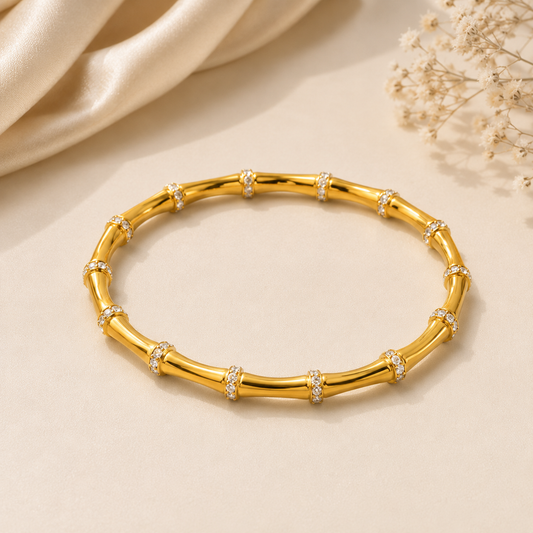 Gold Plated Bamboo Bangle Bracelet for Women | Crystal Accent Bracelet | Anti-Tarnish Minimalist Bangle