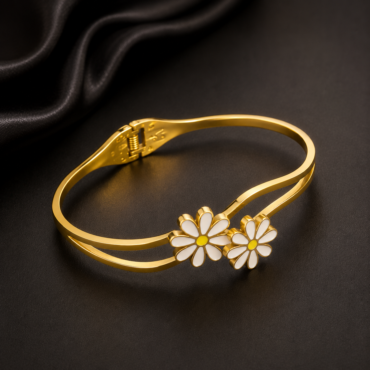 Gold Plated Daisy Flower Open Cuff Bracelet for Women | Floral Adjustable Bracelet | Anti-Tarnish Stainless Steel Bangle
