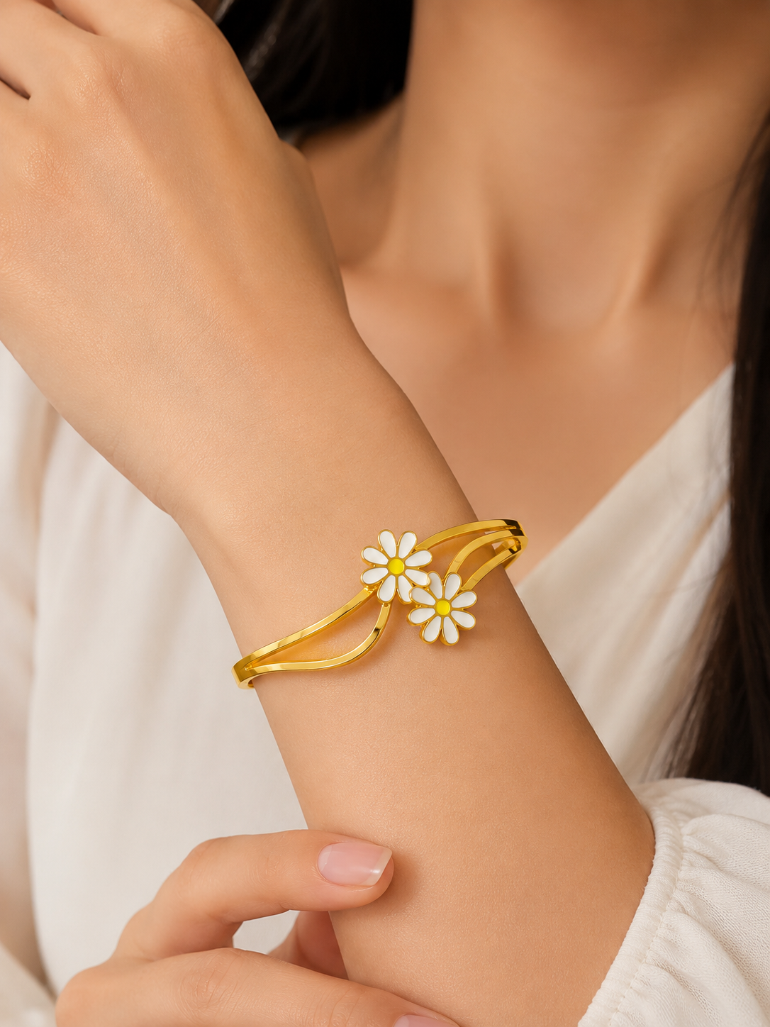 Gold Plated Daisy Flower Open Cuff Bracelet for Women | Floral Adjustable Bracelet | Anti-Tarnish Stainless Steel Bangle