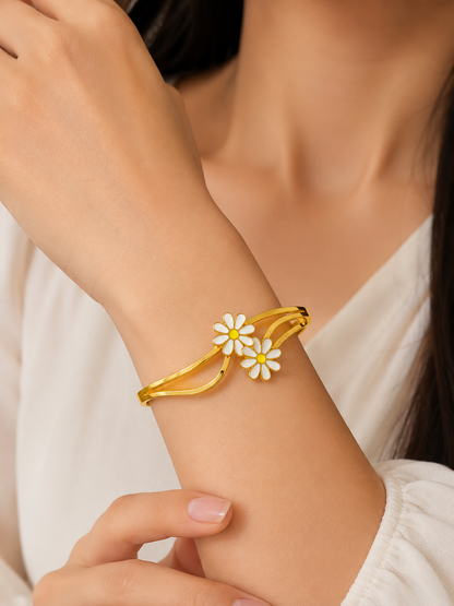 Gold Plated Daisy Flower Open Cuff Bracelet for Women | Floral Adjustable Bracelet | Anti-Tarnish Stainless Steel Bangle