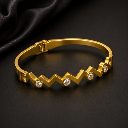 Gold Plated Zigzag Crystal Bangle Bracelet for Women | Modern Geometric Bracelet | Anti-Tarnish Stainless Steel Bangle