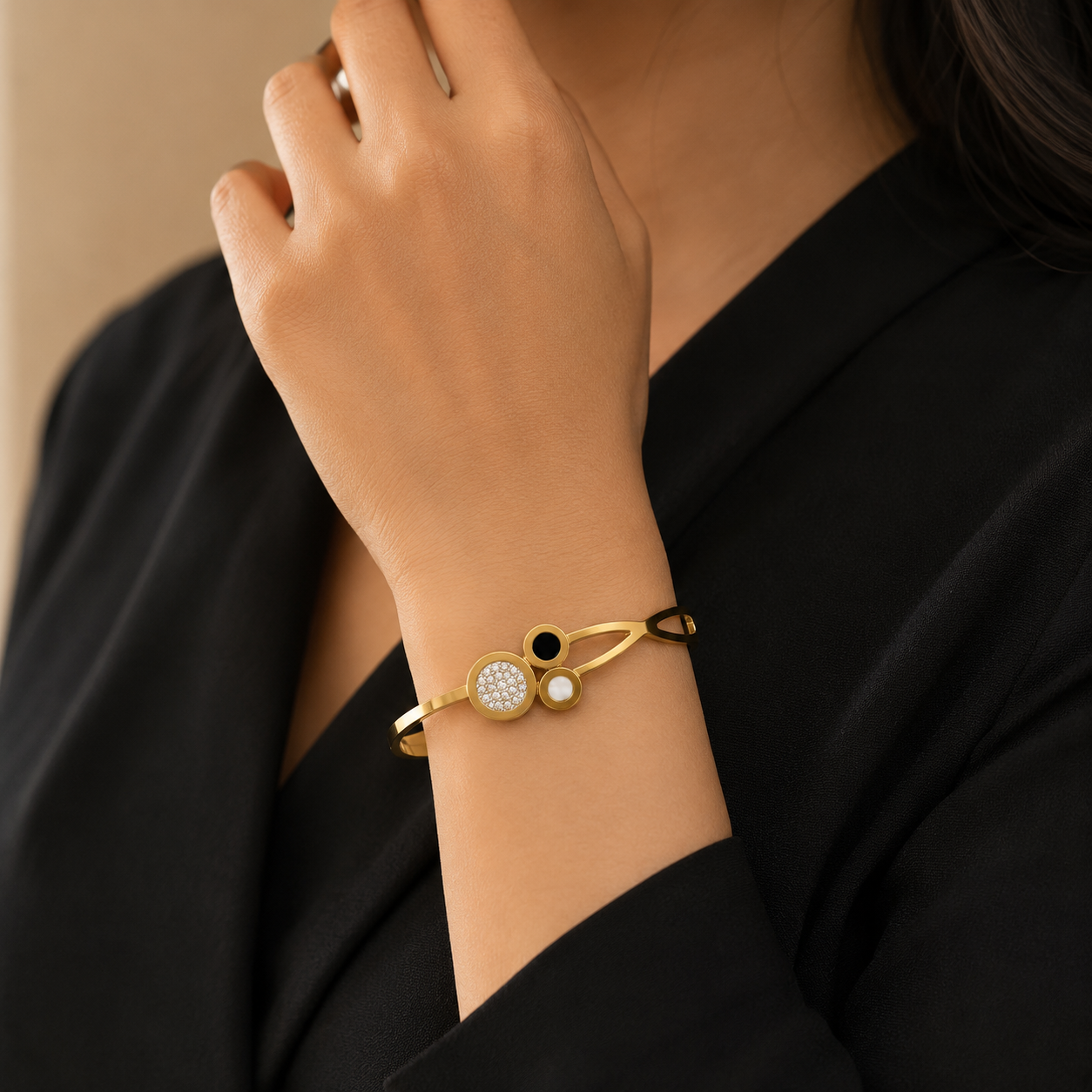 Gold Plated Crystal Circle Bracelet for Women | Minimalist Designer Bangle | Anti-Tarnish Stainless Steel Bracelet