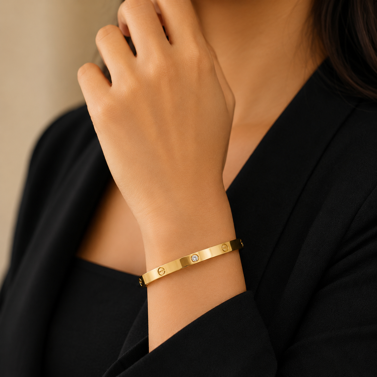 Gold Plated Crystal Screw Motif Bangle Bracelet for Women | Minimalist Luxury Bracelet | Anti-Tarnish Stainless Steel Bangle