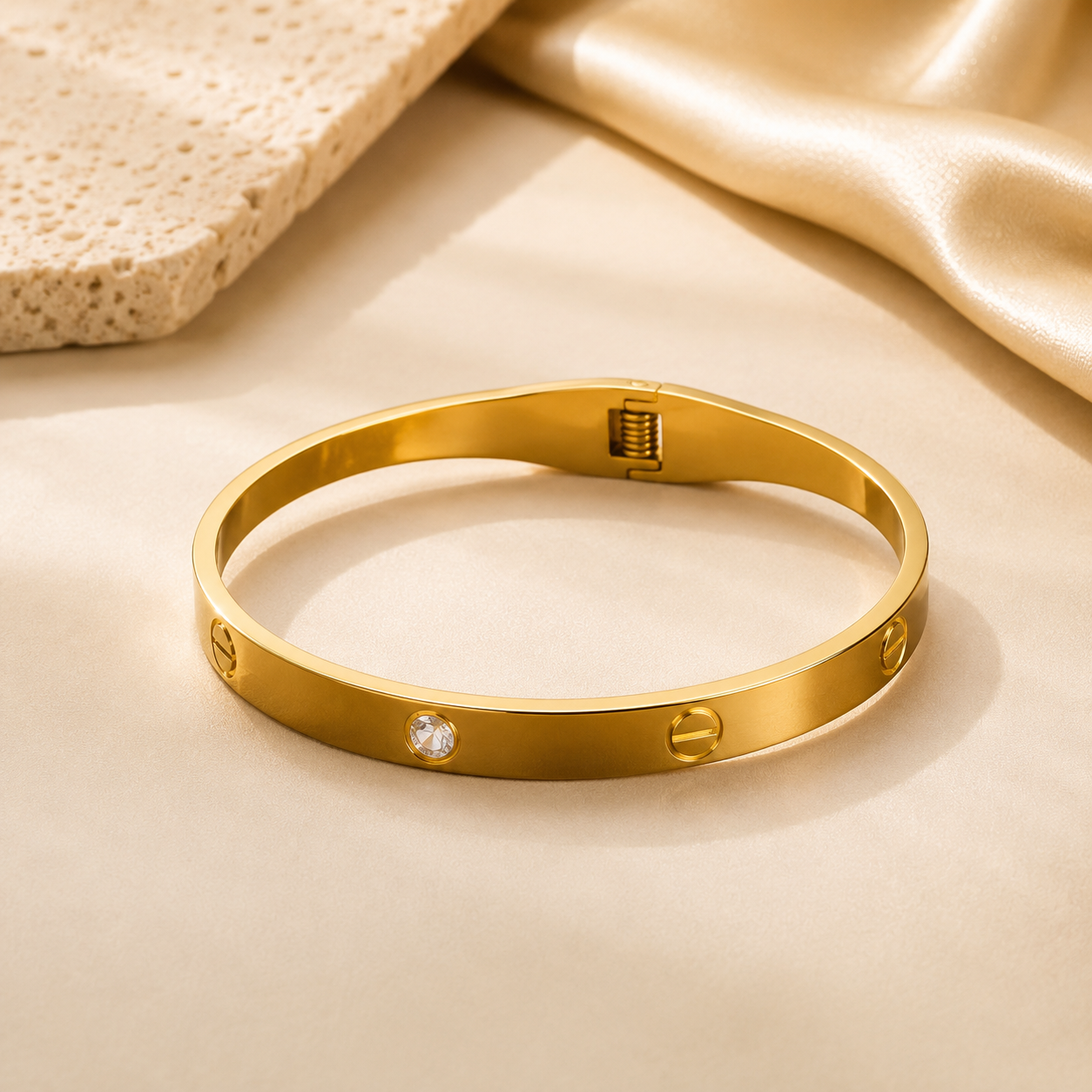 Gold Plated Crystal Screw Motif Bangle Bracelet for Women | Minimalist Luxury Bracelet | Anti-Tarnish Stainless Steel Bangle