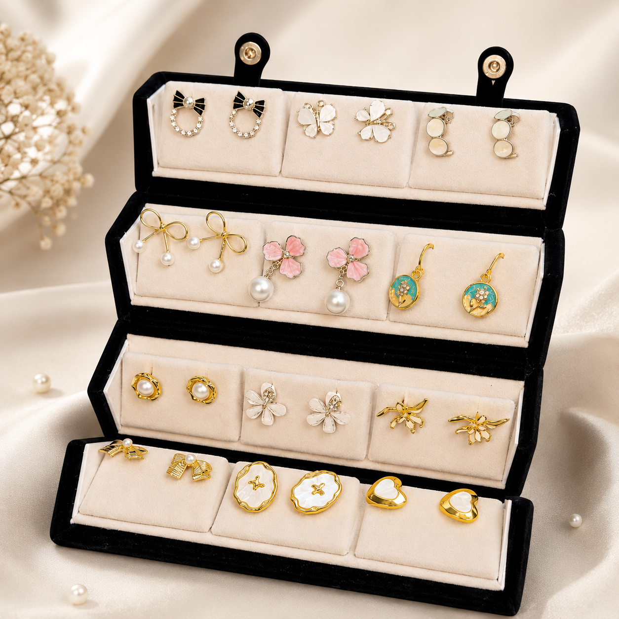 12 Pairs Korean Style Gold Plated Earrings Collection Box | Trendy Fashion Jewellery Gift Set