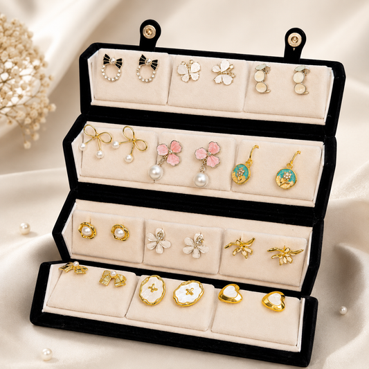 12 Pairs Korean Style Gold Plated Earrings Collection Box | Trendy Fashion Jewellery Gift Set
