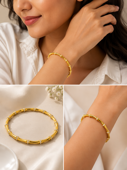Gold Plated Bamboo Bangle Bracelet for Women | Crystal Accent Bracelet | Anti-Tarnish Minimalist Bangle