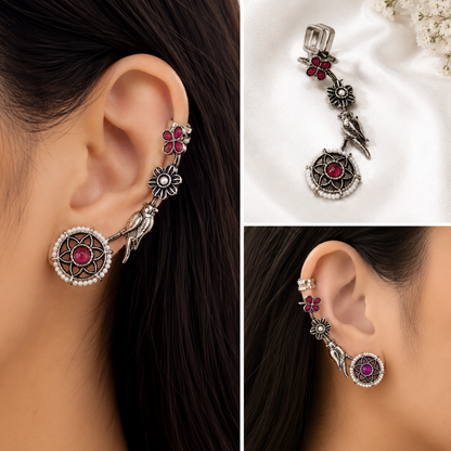 Oxidised Bird and Floral Ear Climber Earrings for Women | GEMSILK