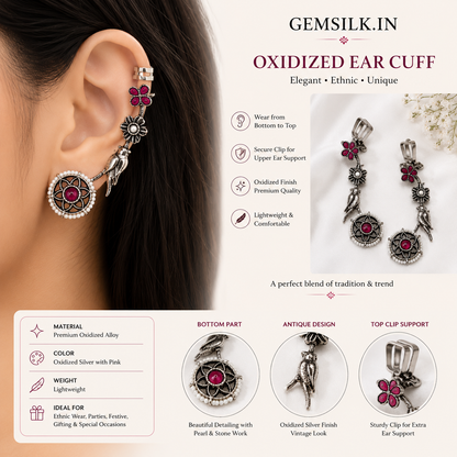 Oxidised Bird and Floral Ear Climber Earrings for Women | GEMSILK