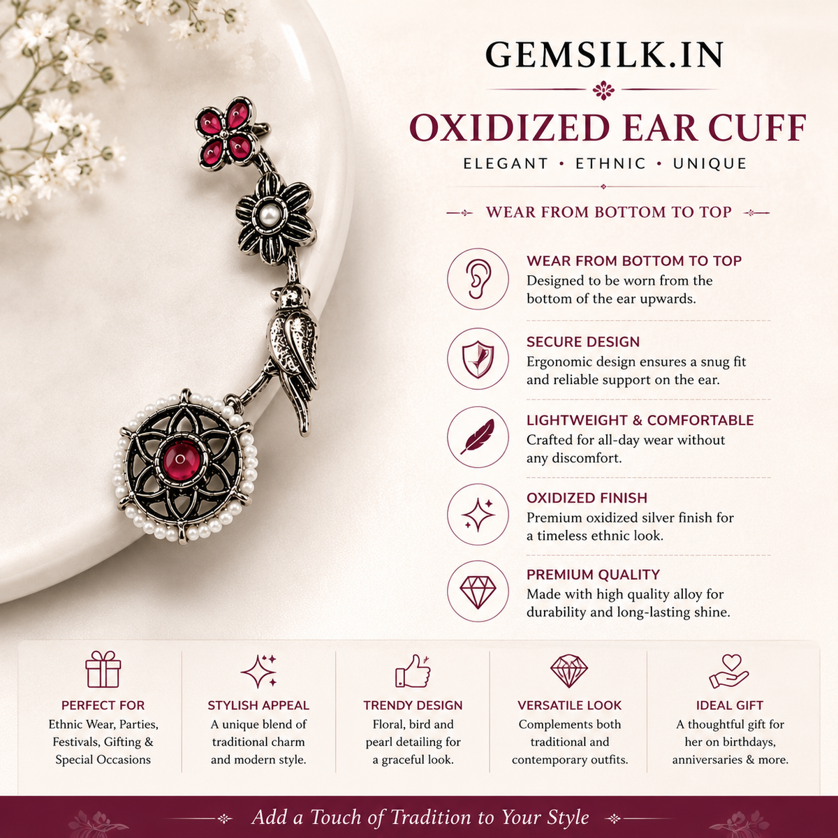 Oxidised Bird and Floral Ear Climber Earrings for Women | GEMSILK