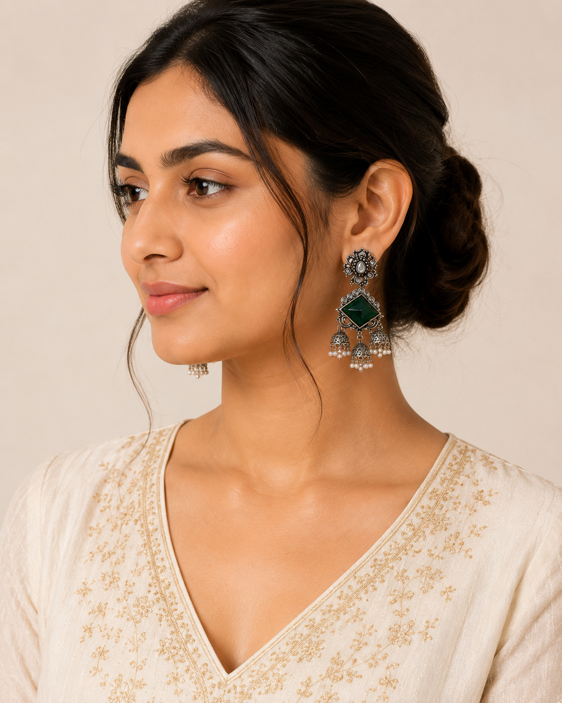 Emerald Oxidised Silver Jhumka Earrings with Pearl Drops | Premium Ethnic Statement Earrings
