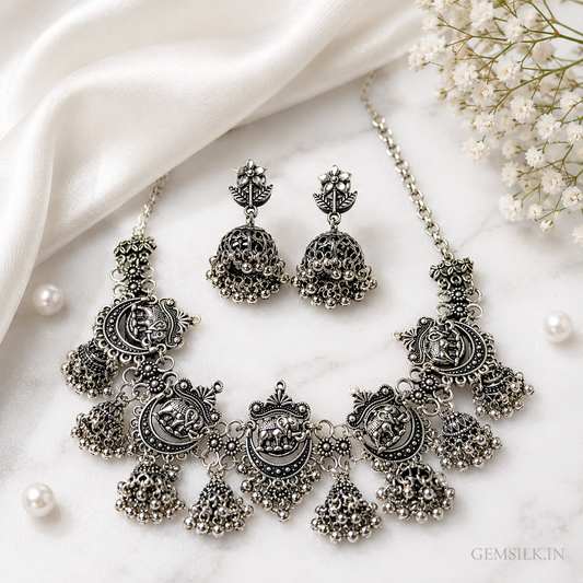 Oxidised Elephant Choker Necklace Set with Jhumkas | GEMSILK