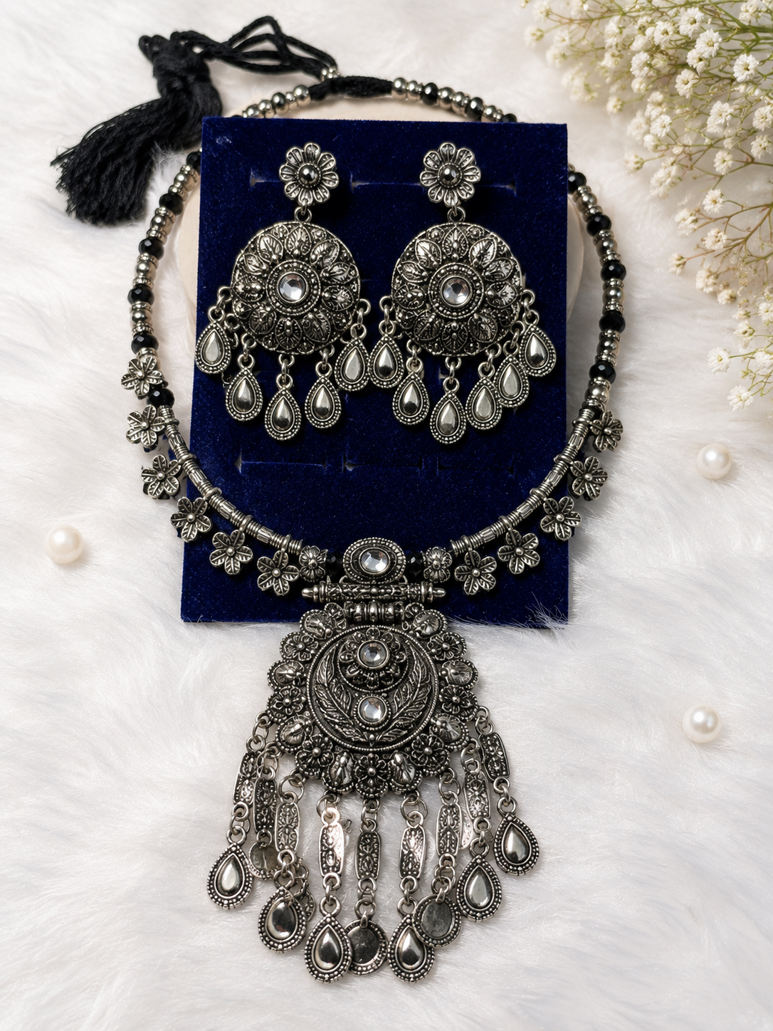 Oxidised Silver Necklace Set with Earrings for Women | GEMSILK