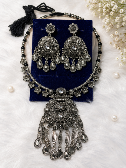 Oxidised Silver Necklace Set with Earrings for Women | GEMSILK