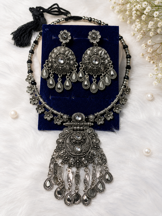 Oxidised Silver Necklace Set with Earrings for Women | GEMSILK
