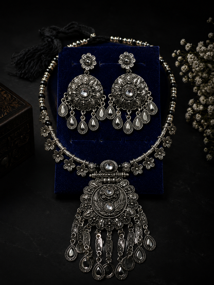 Oxidised Silver Necklace Set with Earrings for Women | GEMSILK