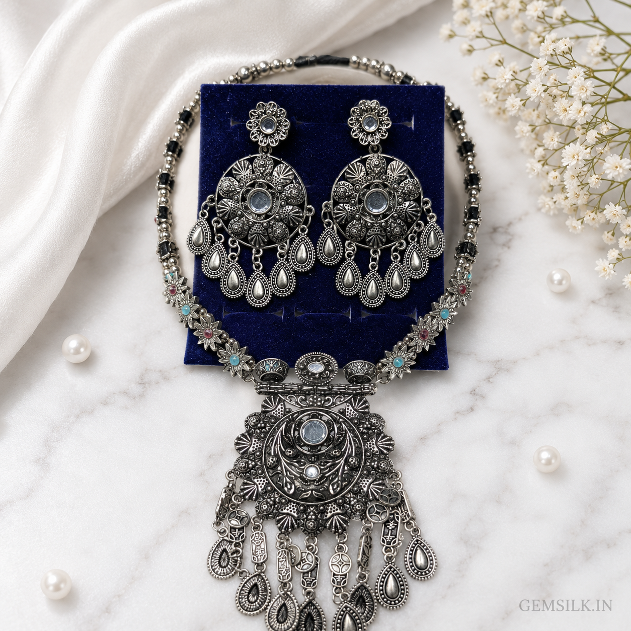 Oxidised Silver Necklace Set with Earrings for Women | GEMSILK