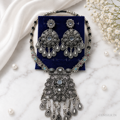 Oxidised Silver Necklace Set with Earrings for Women | GEMSILK