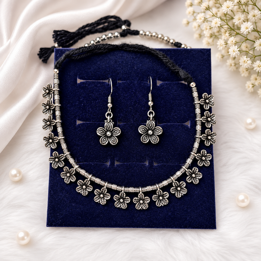 Oxidised Silver Floral Necklace Set for Women | GEMSILK