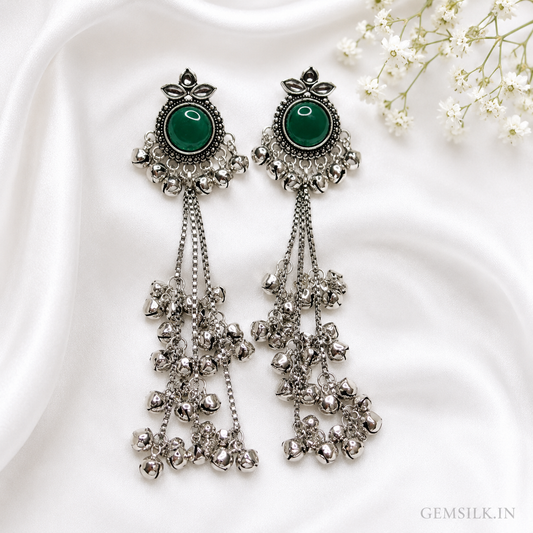 GEMSILK Stone Oxidised Long Jhumka Earrings for Women | Traditional Silver-Plated Ghungroo Tassel Earrings